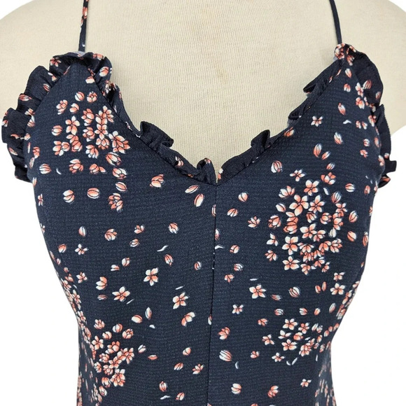 Ann Taylor LOFT Fit Flare Dress Navy Floral Sleeveless Zip Ruffle Sweetheart - Picture 2 of 7